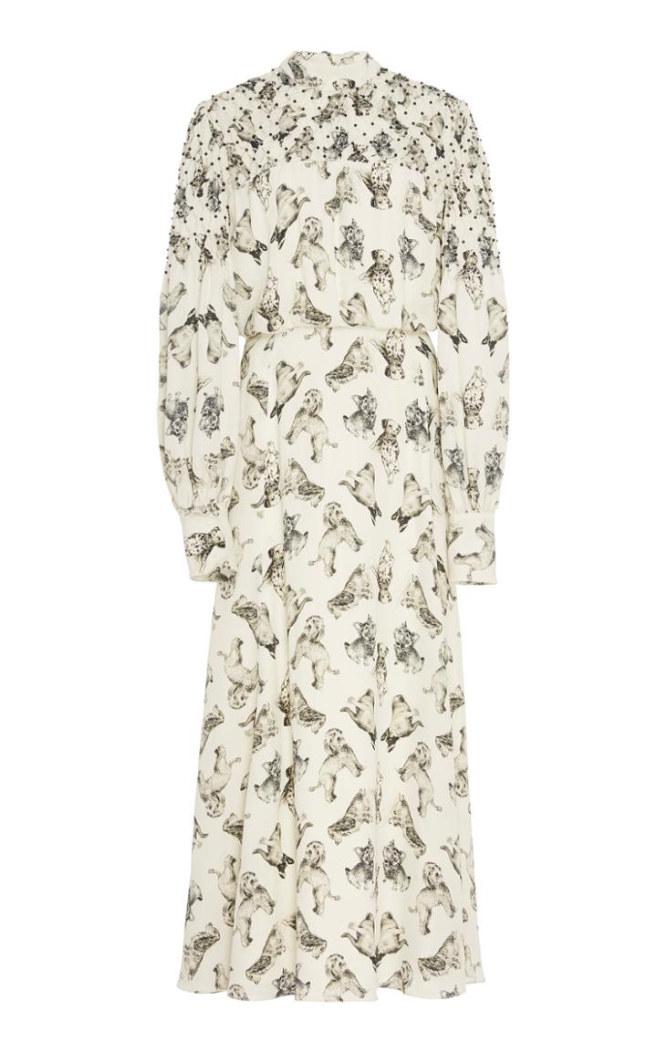 Lela Rose Printed Bead-embellished Crepe De Chine Dress
