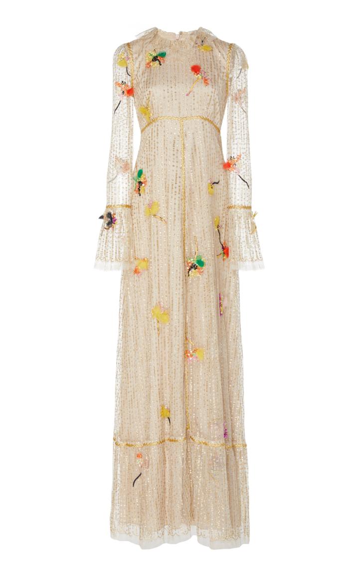 Monique Lhuillier Embroidered Lace Ruffle Hem & Ruffle Collar Gown