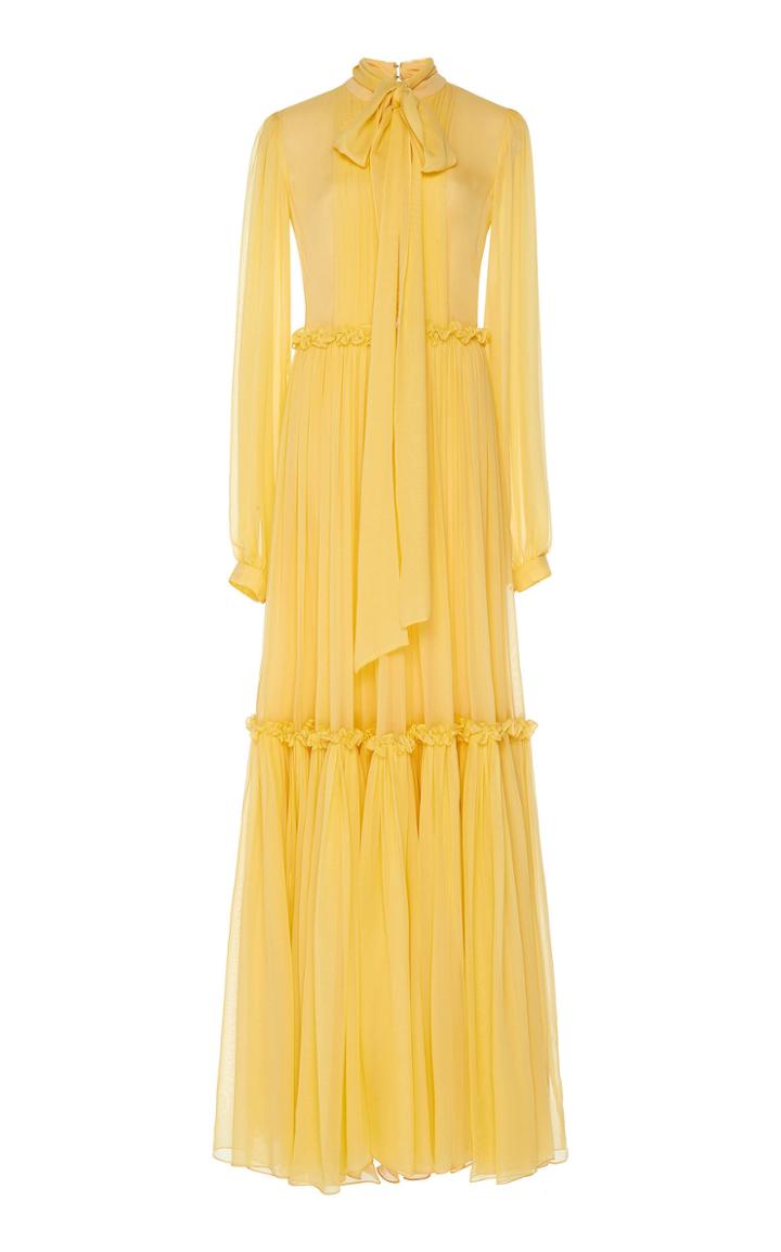 Moda Operandi Costarellos Silk Chiffon Tiered Pussybow Dress With Frill Detail Size: