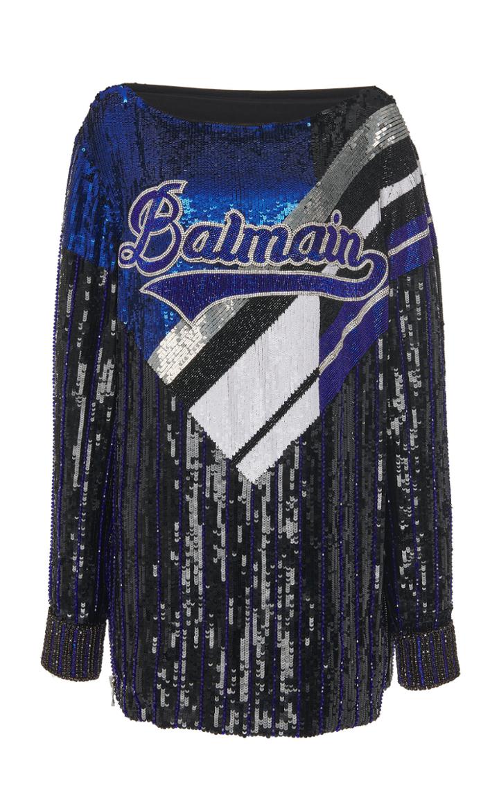 Balmain Long Sleeve Embroidered Logo Dress