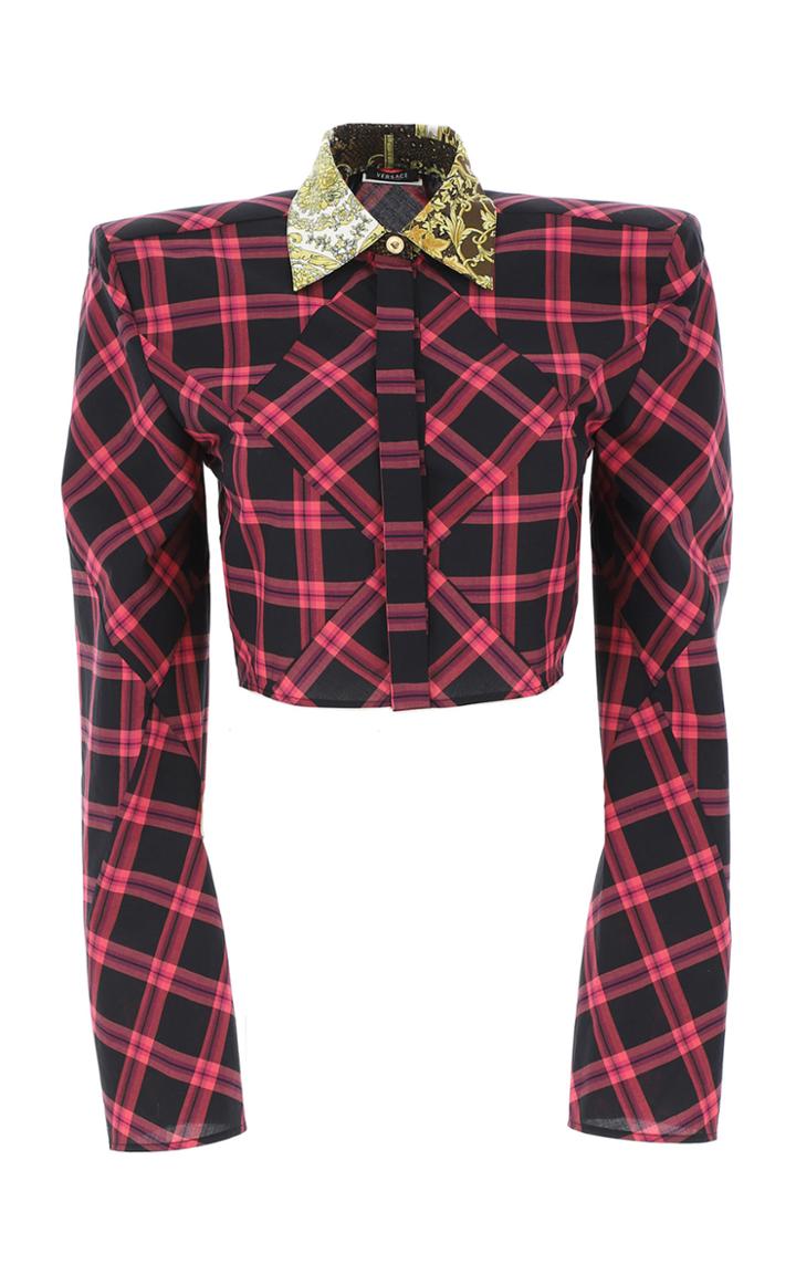 Moda Operandi Versace Contrast-collar Plaid Cotton Poplin Cropped Top