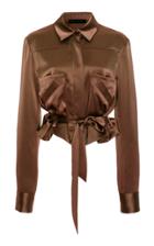 Sally Lapointe Cropped Belted Satin Blouse Size: 8