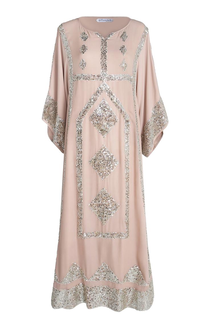 Bthaina Metallic Embroidered Caftan With Slit Cape Sleeves