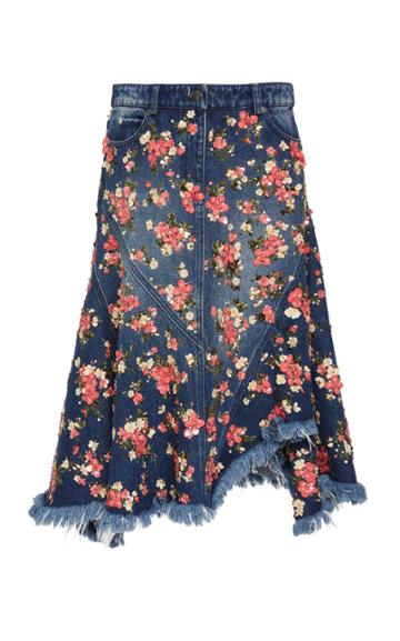 Michael Kors Collection Floral Paillette Frayed Denim Skirt