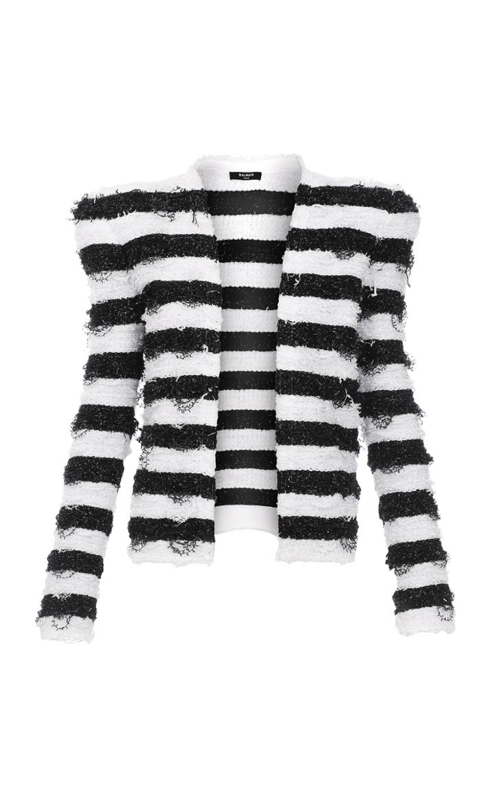 Moda Operandi Balmain Fringed Striped Tweed Collarless Jacket Size: 36