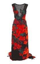 Oscar De La Renta Floral Embroidered Cloque Sleeveless Gown