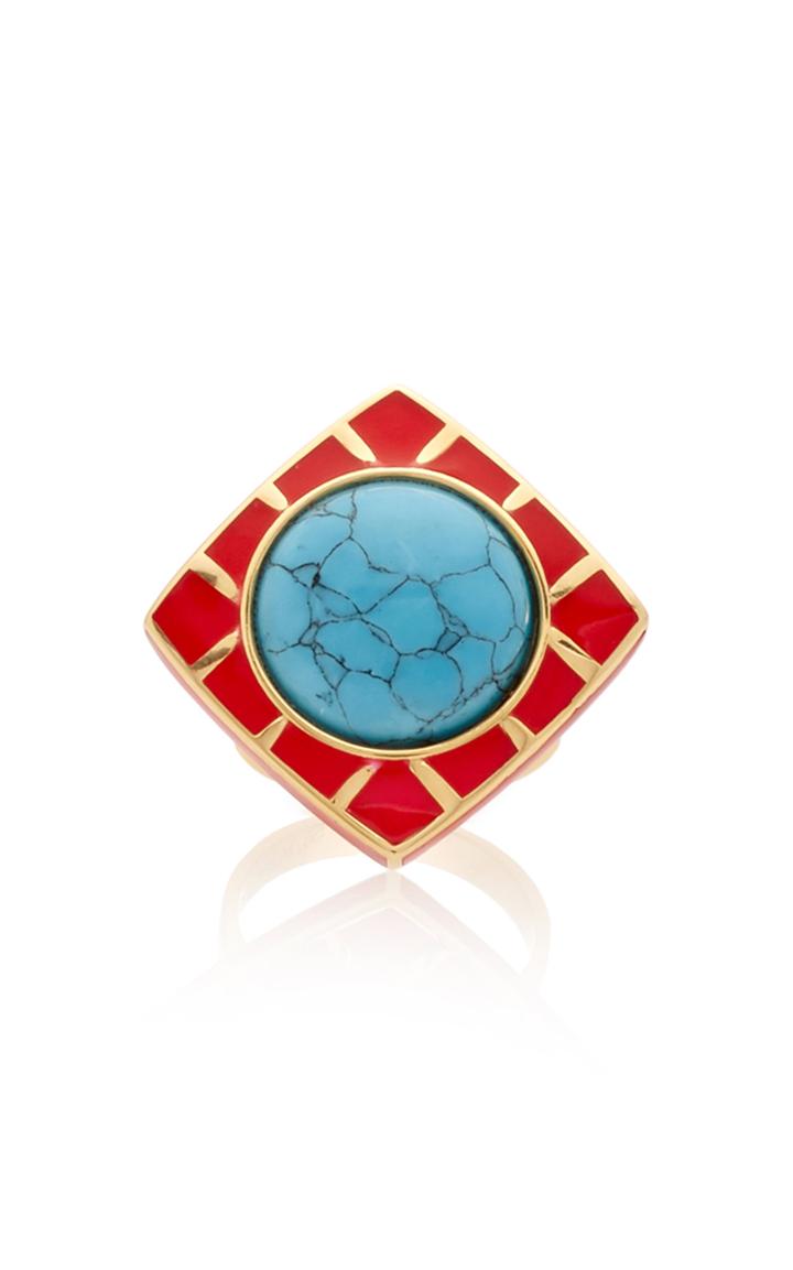 Mer's Gold Plated-sterling Silver, Enamel And Howlite Ring Size: 0.5