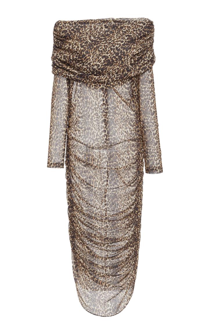 Christian Siriano Cheetah Mesh Off The Shoulder Long Sleeve Dress