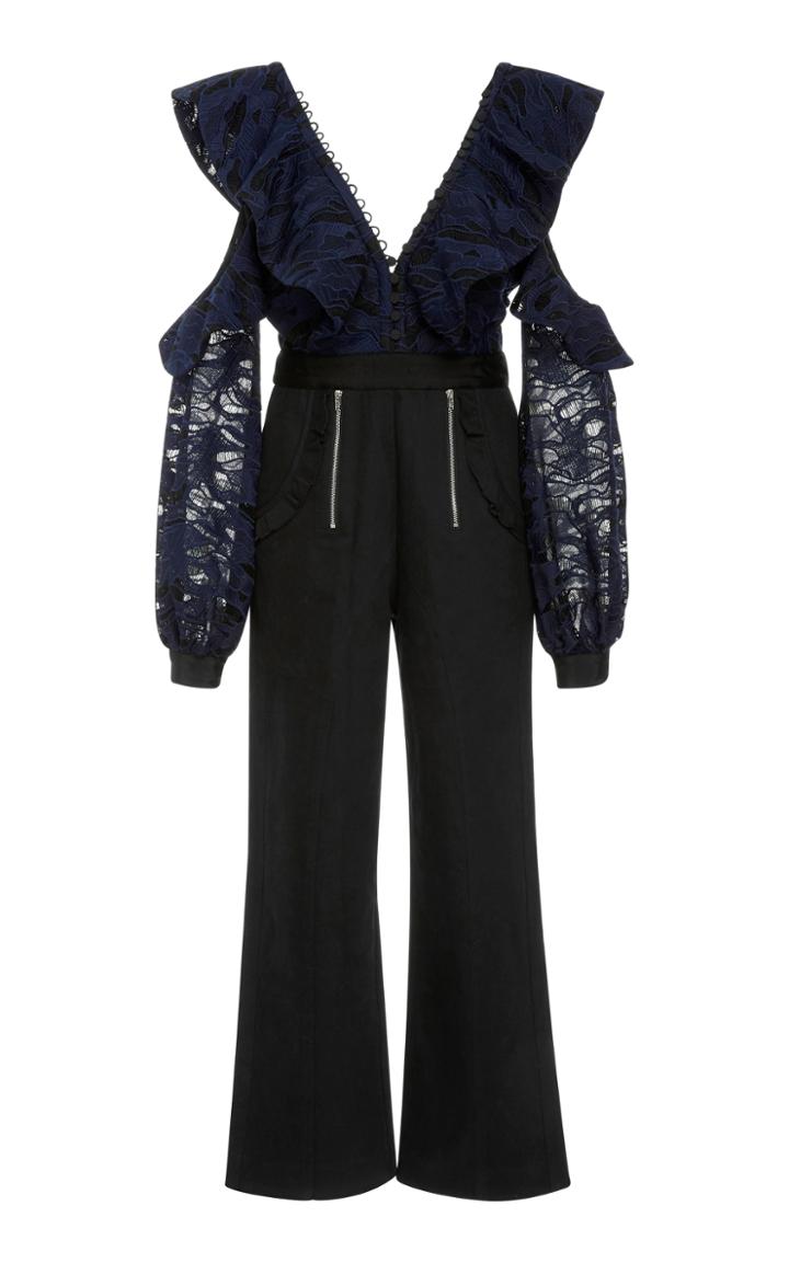 Self Portrait Camo Lace Ruffled Shoulder Jumpsuit