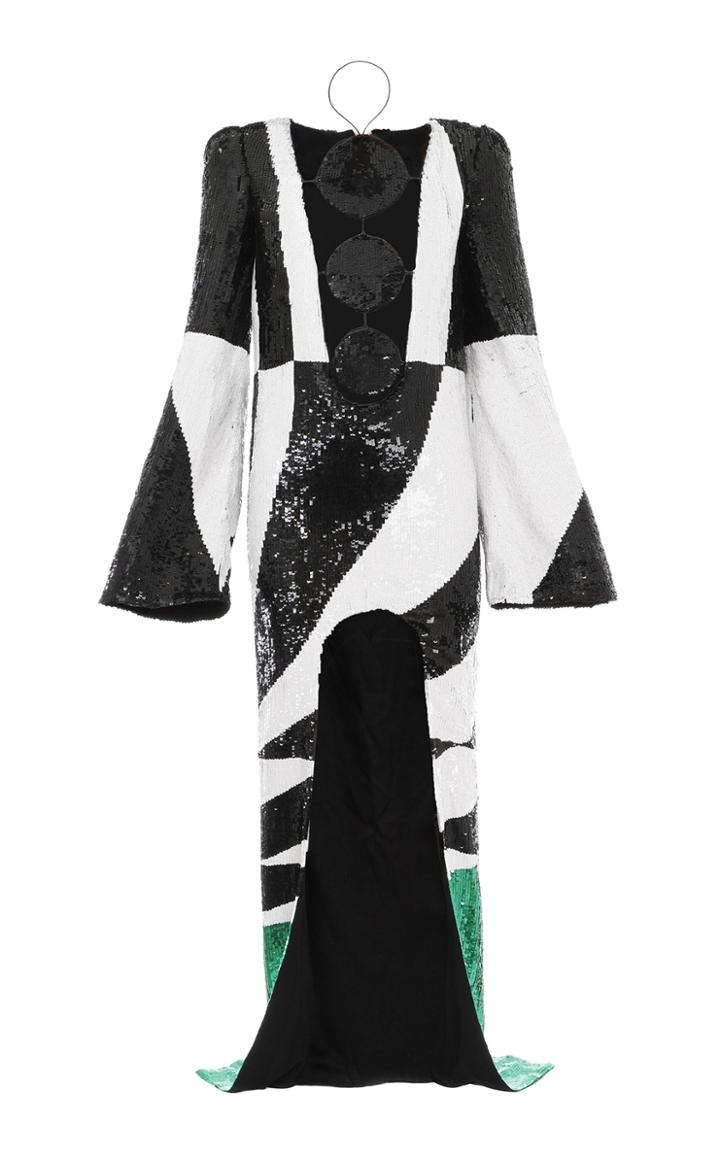 Moda Operandi Balmain Color-blocked Sequined Cutout Gown Size: 34