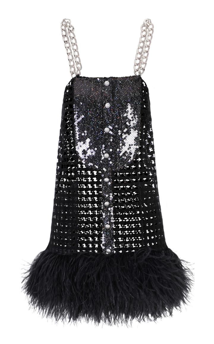 Balmain Feather-trimmed Sequined Mesh Mini Dress