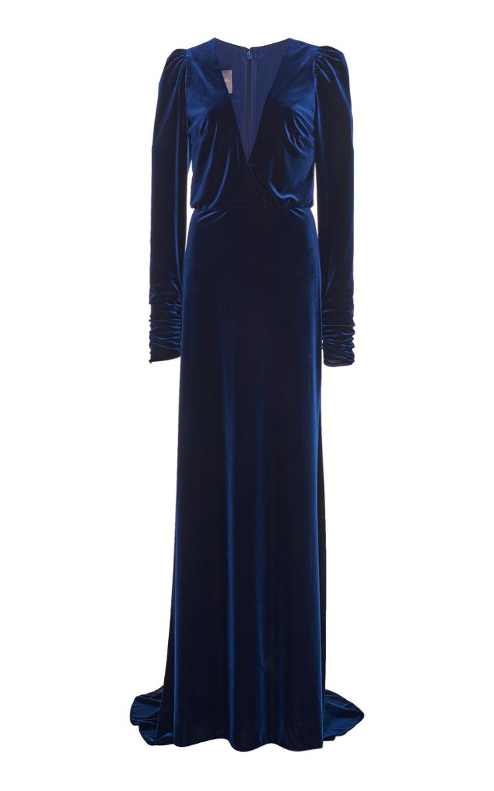 Monique Lhuillier Ruched Sleeve Faux Wrap Gown