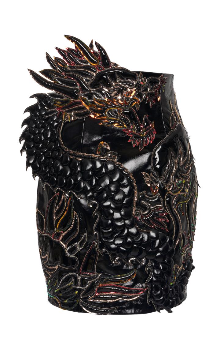 Balmain Dragon Embroidered Leather Skirt