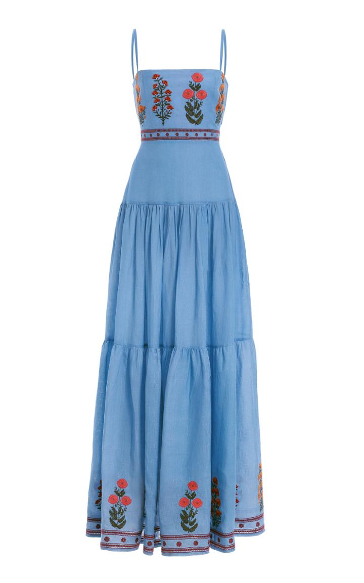 Moda Operandi Agua By Agua Bendita Lima Dahlia-embroidered Linen Maxi Dress