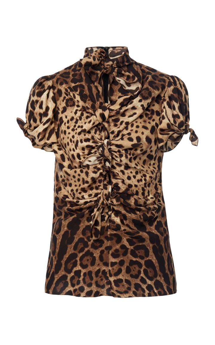 Moda Operandi Dolce & Gabbana Bow-accented Leopard Charmeuse Top Size: 36