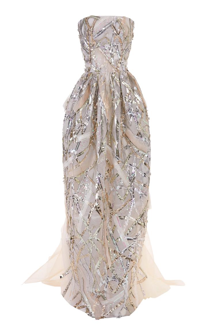 Maticevski Molecule Embellished Brocade Strapless Gown