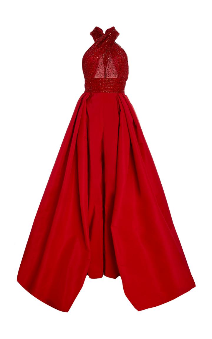 Naeem Khan Embellished Silk Halter Neck Jumpsuit With Skirt