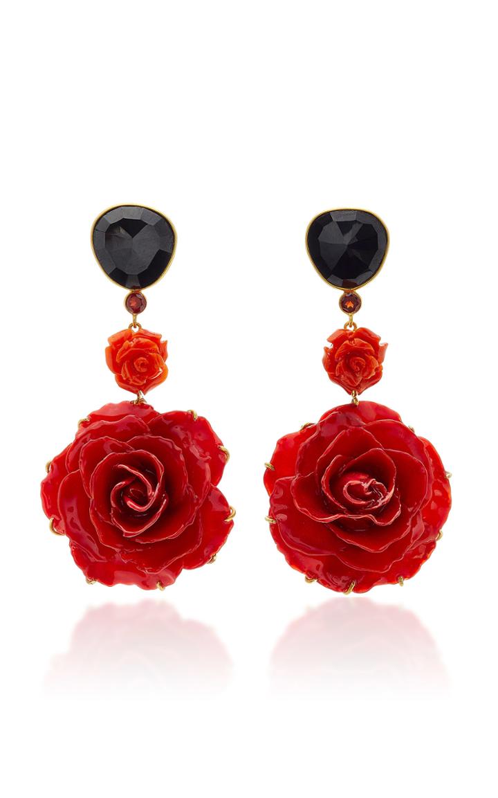 Bahina Onyx Garnet Coral And Real Rose Earrings