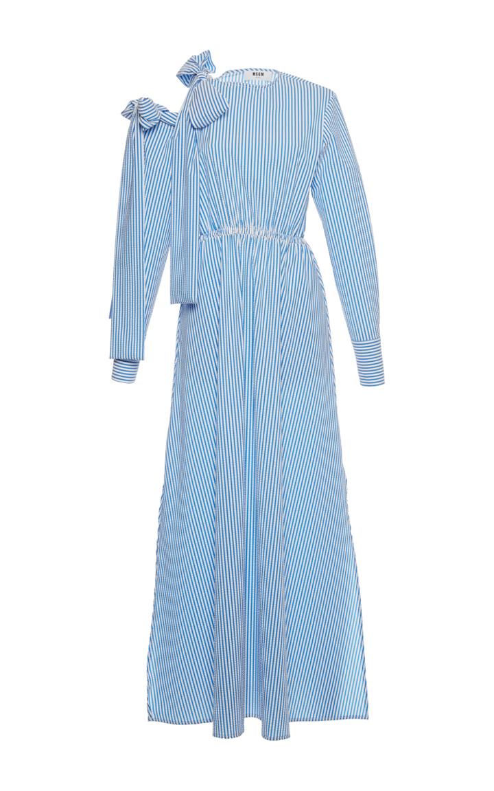 Msgm Open Shoulder Seersucker Long Dress