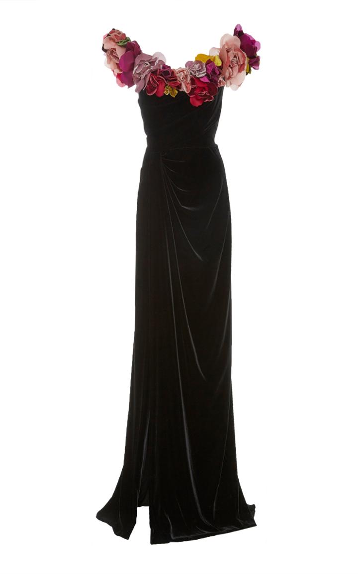 Marchesa Floral-appliqud Off-the-shoulder Velvet Gown