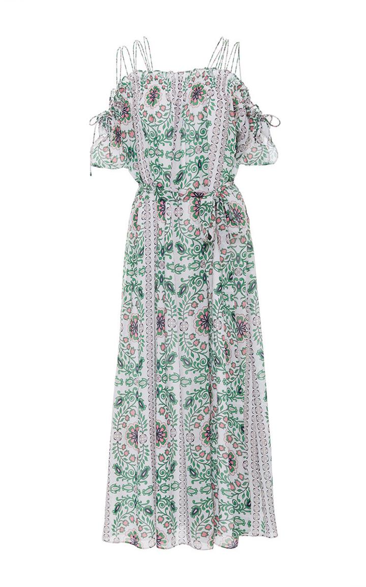 Tory Burch Asilomar Open Shoulder Printed Midi Dress