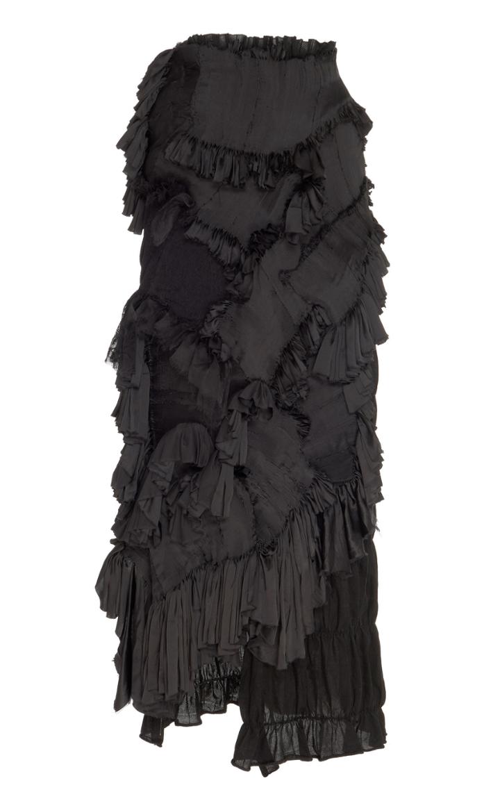 Moda Operandi Caroline Hu Smocked Ruffle-embellished Silk-blend Maxi Skirt Size: M
