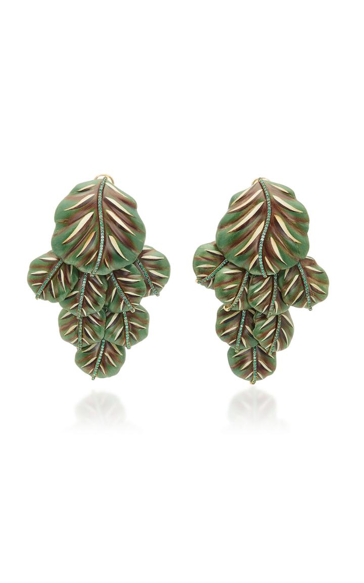 Silvia Furmanovich Sculptural Botanical Marquetry Chandelier Leaf And Emerald Earrings