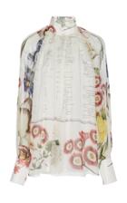 Oscar De La Renta Patterned Bishop Sleeve Silk Blouse