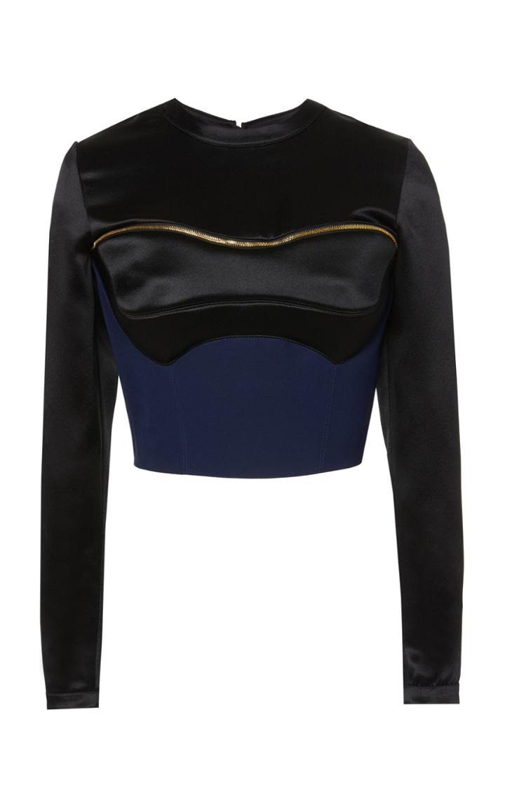 Brandon Maxwell Zip Detail Long Sleeve Silk Top