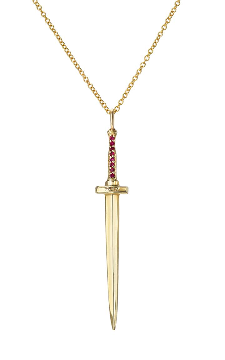 Moda Operandi Dru. 14k Yellow Gold Large Ruby Dagger Necklace