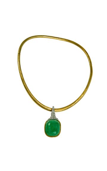 Mahnaz Collection Vintage Cabochon Green Beryl Diamond And Brushed 18k Gold Necklace
