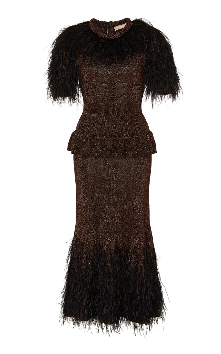 Michael Kors Collection Faux Feather-paneled Metallic Stretch-knit Midi Dress