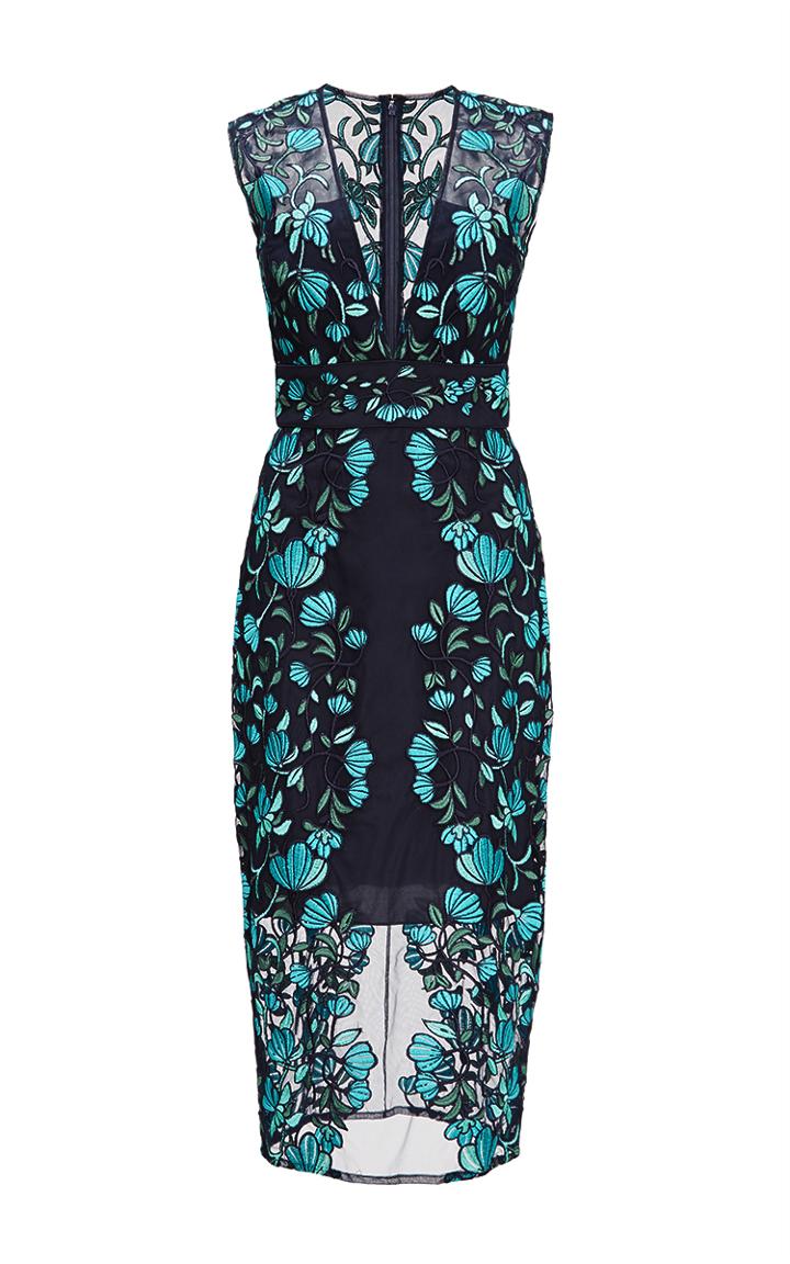 Lela Rose Green Vine Embroidered Tulle Sheath Dress