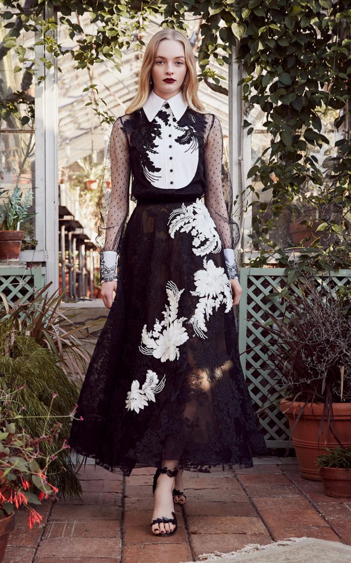 Marchesa Corded Lace A-line Tea Length Skirt