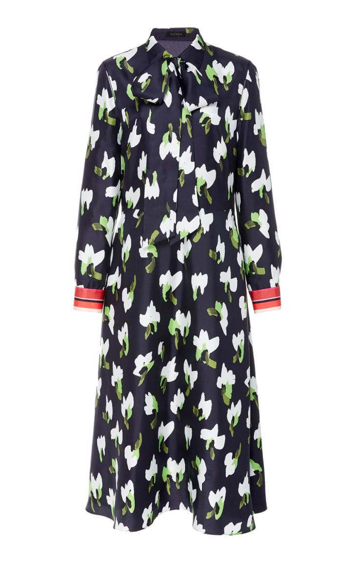 Escada Dhivas Silk Pussy Bow Midi Dress