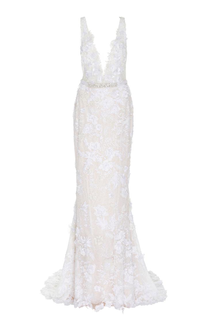 Mira Zwillinger Dara Open-back Chantilly Lace Sheath Gown