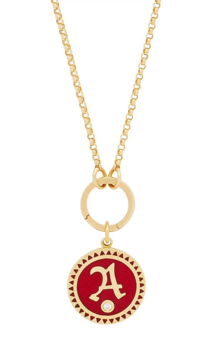 Foundrae Red Petite Champleve Enamel Initial Medallion On Annex Link Necklace