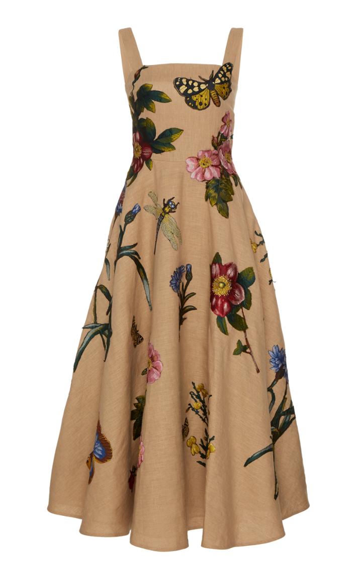 Moda Operandi Oscar De La Renta Embroidered Linen Dress Size: 4