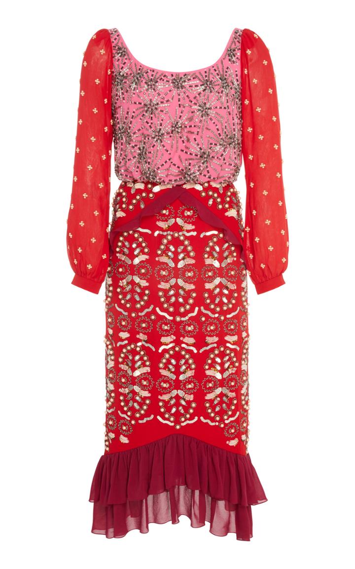 Saloni Ruffled Embellished Silk-chiffon Midi Dress