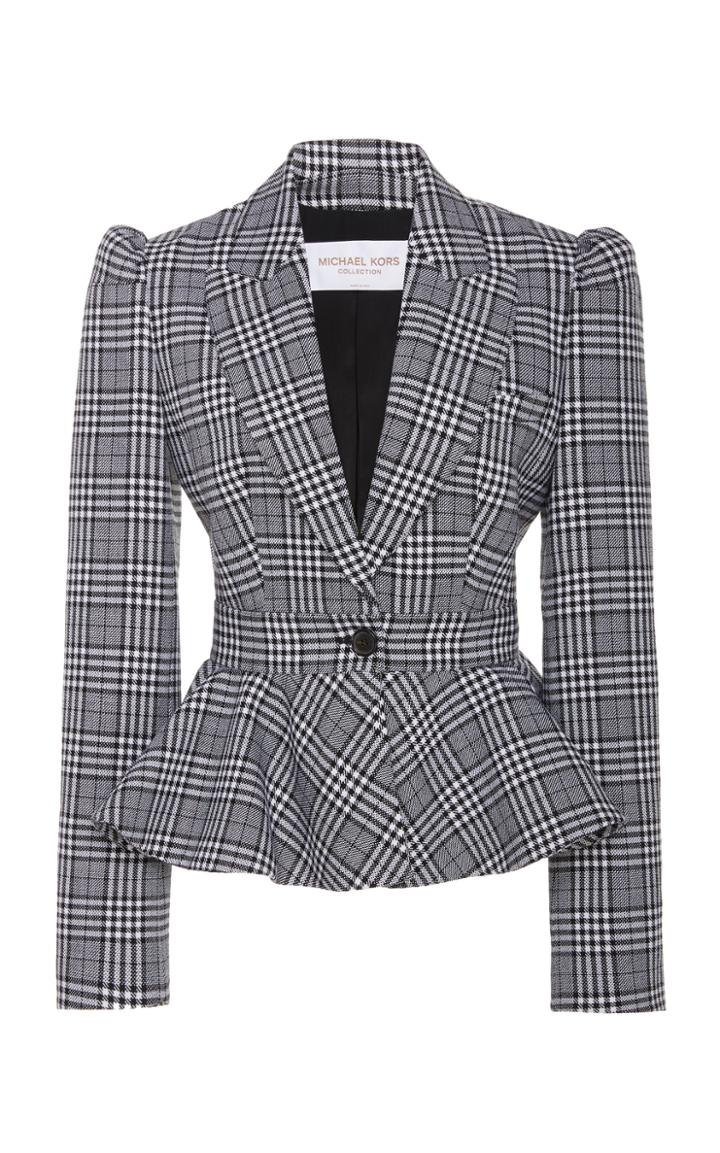Michael Kors Collection Prince Of Wales Checked Peplum Wool Blazer Siz