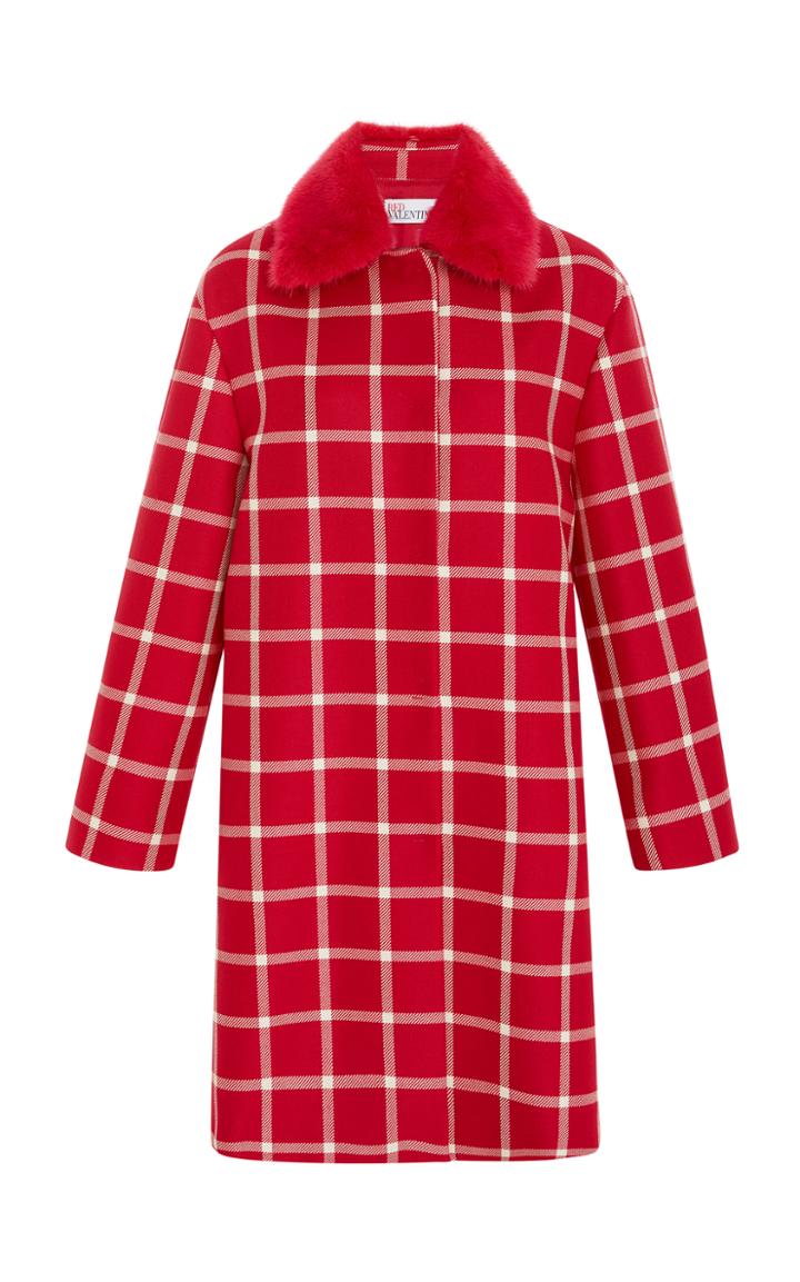 Red Valentino Cavalry Check Coat With Fur Collar