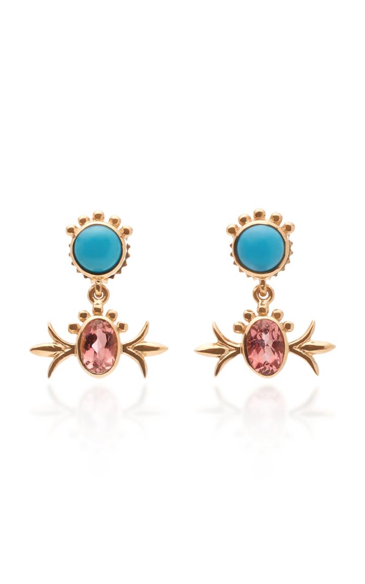 Marlo Laz Squash Blossom 14k Gold Turquoise And Pink Tourmaline Hanging Studs