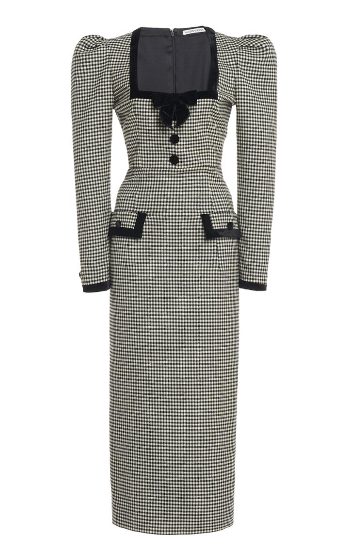Moda Operandi Alessandra Rich Vichy Wool Square Neckline Dress With Velvet Trim