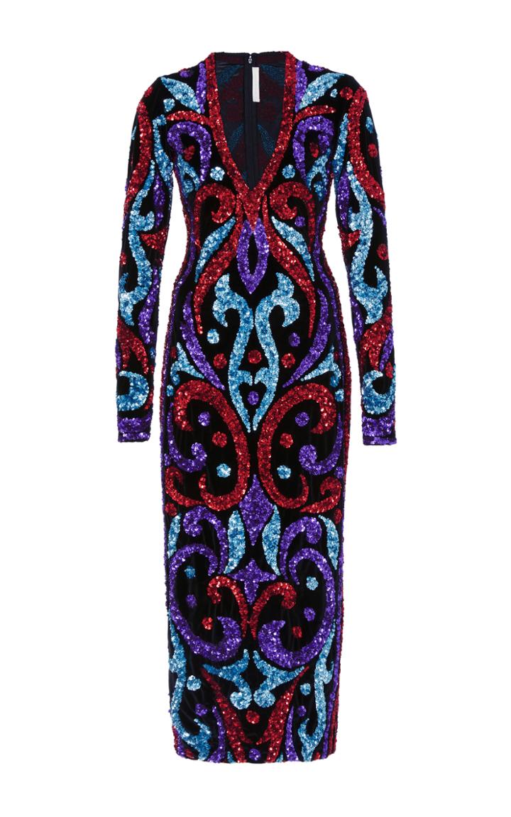 Naeem Khan Sequin Embellished Velvet Midi Dress