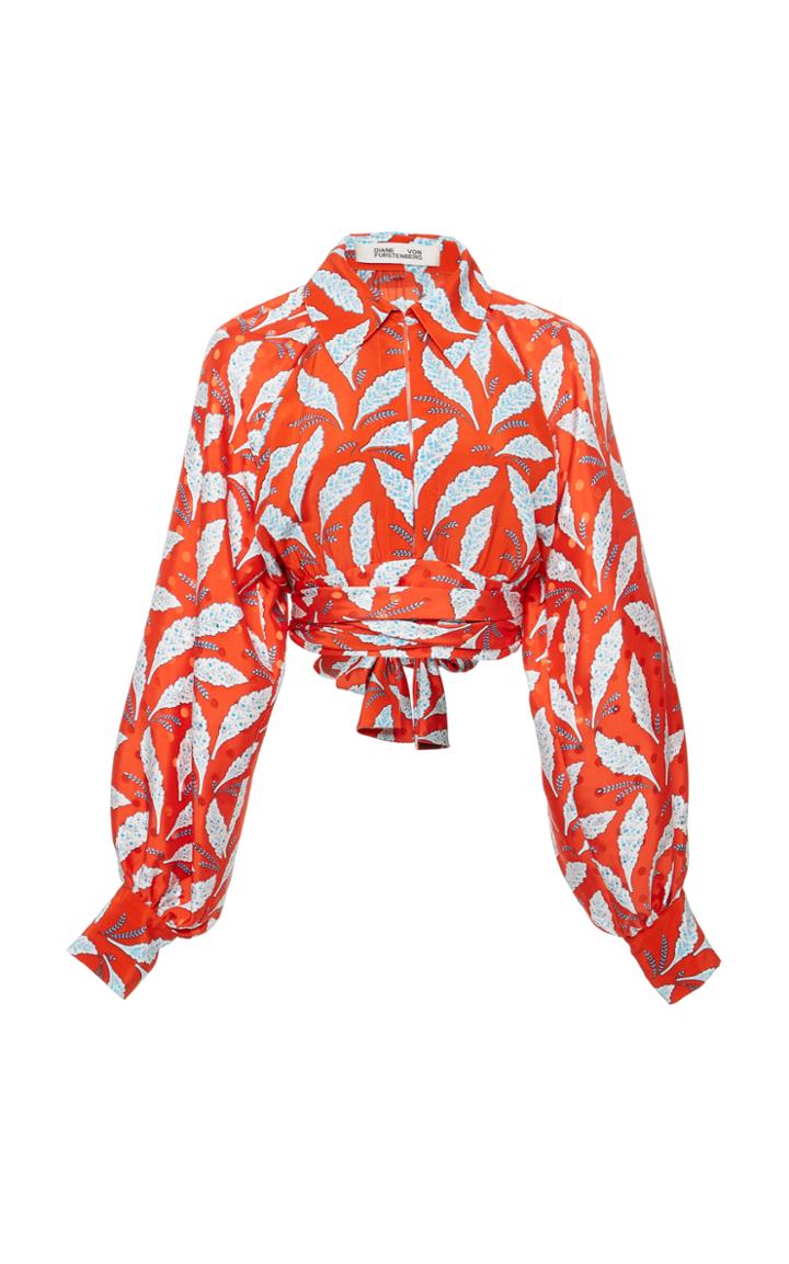 Diane Von Furstenberg Long Sleeve Collared Waist Tie Blouse