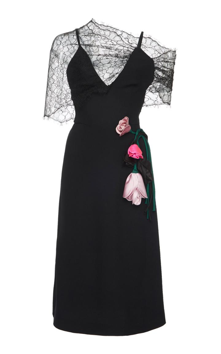 Prada One-shoulder Lace V-neck Floral Appliqu Midi Dress