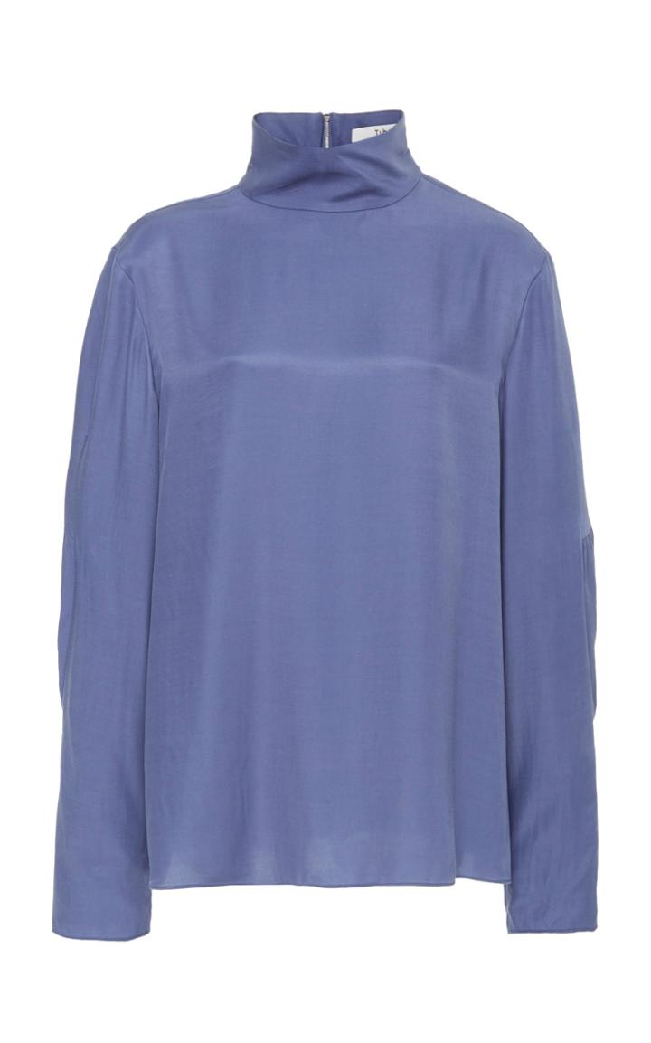 Tibi Cupro Twill Mockneck Half Puff Sleeve Top