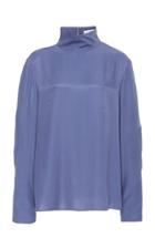 Tibi Cupro Twill Mockneck Half Puff Sleeve Top
