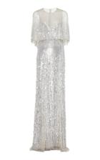 Monique Lhuillier Embroidered Metallic Capelet Tulle Gown