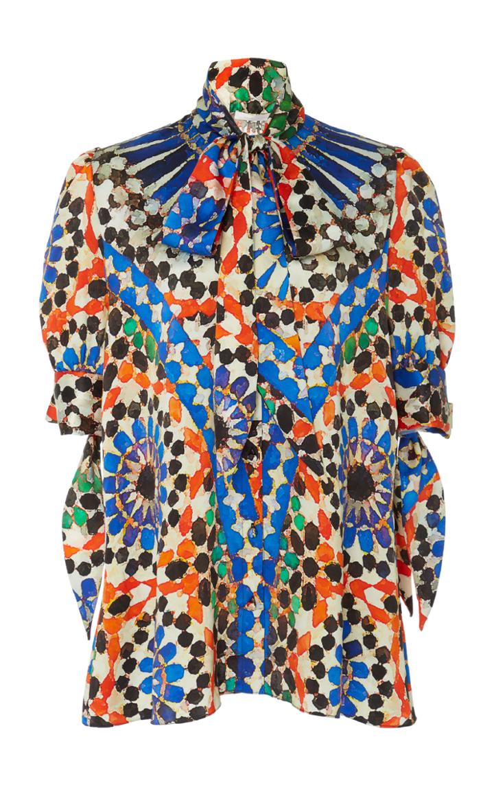 Naeem Khan Printed Silk Satin Pussy Bow Blouse